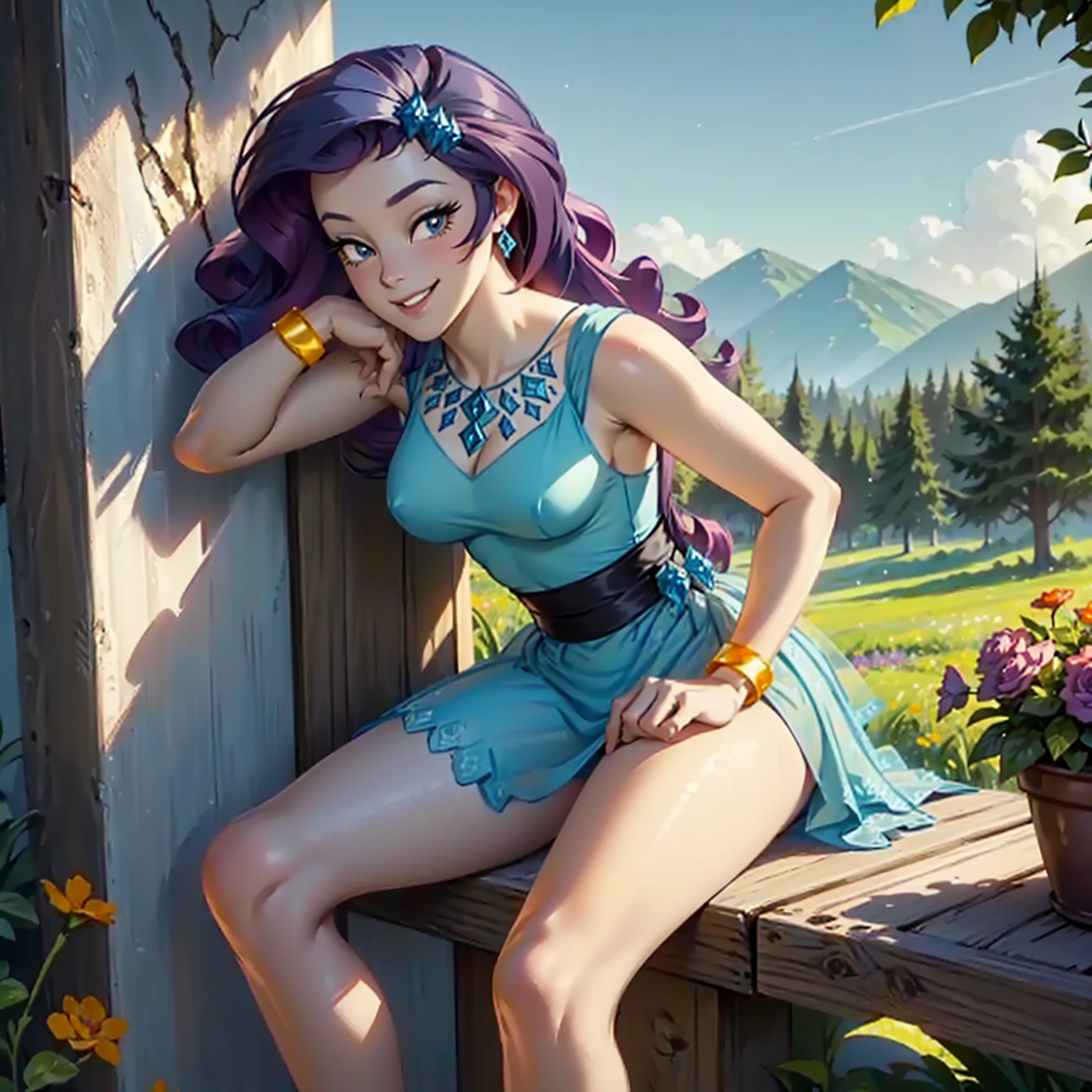 (((beautiful female body))),(((rarity as a sweet charming hot seductive girl))) ,(((sit on wall next to flowerfield legs up)))),(((landscape in background))),(((lewd erotic po), (((happy wicked smile))) ,(((wear lewd light blueer lace transparent see through very short prom dress))) , (((upskirt))) , breastisible , (((wh heels))) , (((golden bracelets))),(((jewels))) , (((perfect big breasts))) , lush breasts , Bs , voluminous breastscontact, high qu detailed , wallpaperistic , feet are visible ,(((look at to viewer))),(((bare belly))),(((side close view)))