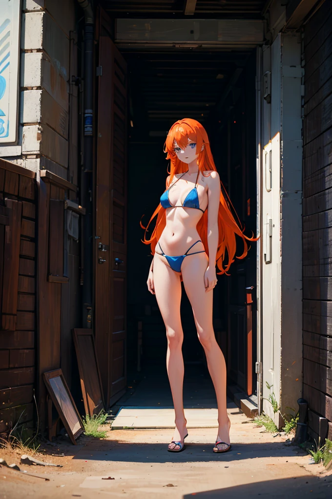 1woman, long orange hair, blue eyes, bikini, standing on ground, high res, ultra sharp, 8K, masterpiece