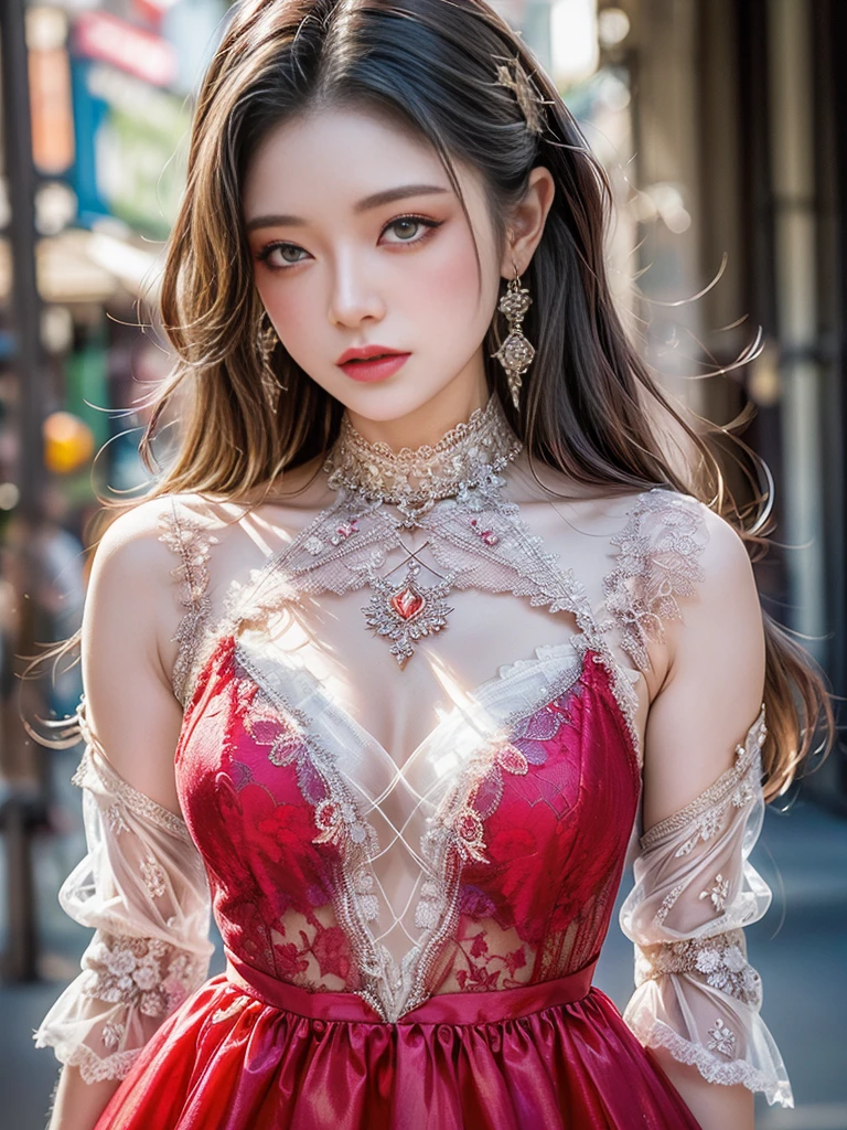 (Highest quality, High resolution, Realistic:1.2), Dramatic lighting, Oil, Detailed skin texture, long flowing hair, Elegant pose, Bright colors, Fine brushwork, Portraiture, Realistic makeup, Strong gaze, Delicate features, Complex background, Professional illustrations、((Lace fabric 1.5)))、Small breasts 1.5、(((See-through dresses 1.5)))、(((Mid-shot photo 1.5)))