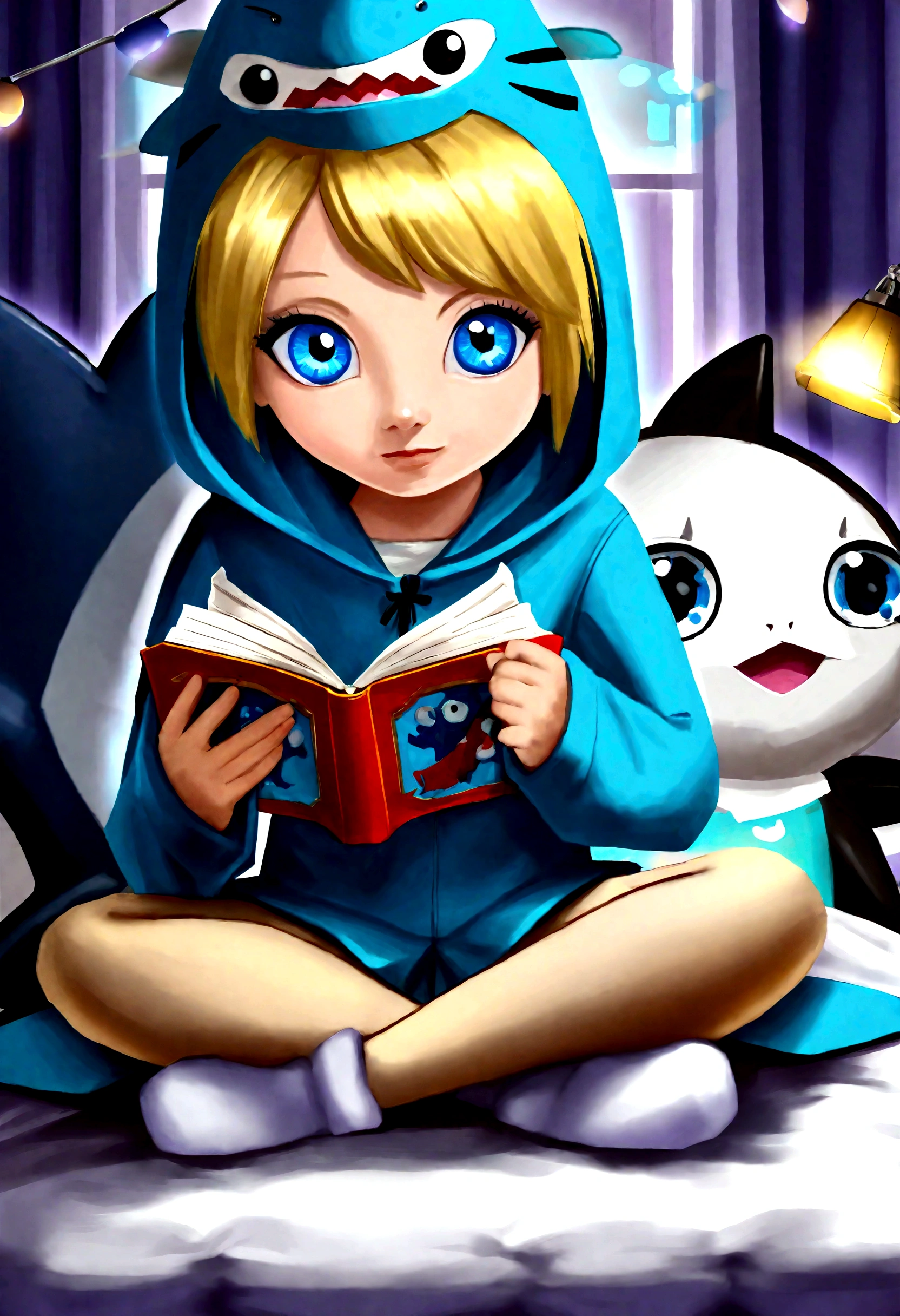 A cute girl (age 10, blonde, big blue eyes) in her shark themed pajamas complete with hoody. Sitting up in bed, reading a shark book by flashlight.