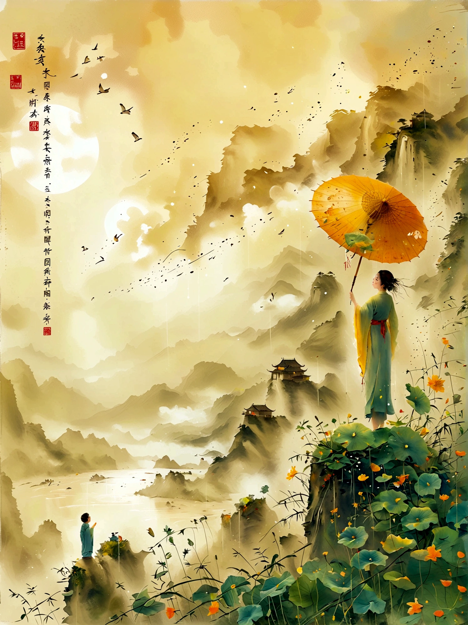 Cai GuoRUN's illustration style, 1girl, A woman in a long skirt stands on a cliff and looks up at the starry sky, Goddess of space, Milky Way Goddess, Goddess of Heaven, Astral Ethereal, dream, Beautiful celestial wizard, Beautiful fantasy painting, Beautiful fantasy art, Ethereal fantasy, Very Beautiful fantasy art, Digital Art Fantasy, enchanting and otherworldly, Fantasy Beauty, The beautiful art of Octane UHD 8k rendering, Volumetric Light, Natural soft light, (Ultra-delicate:1.2, Loss of focus:1.2, Colorful, Movie Lighting, Ray Tracing), Super rich, Ultra Detailed, 1cgrssh1, Chiaroscuro, masterpiece, 8k