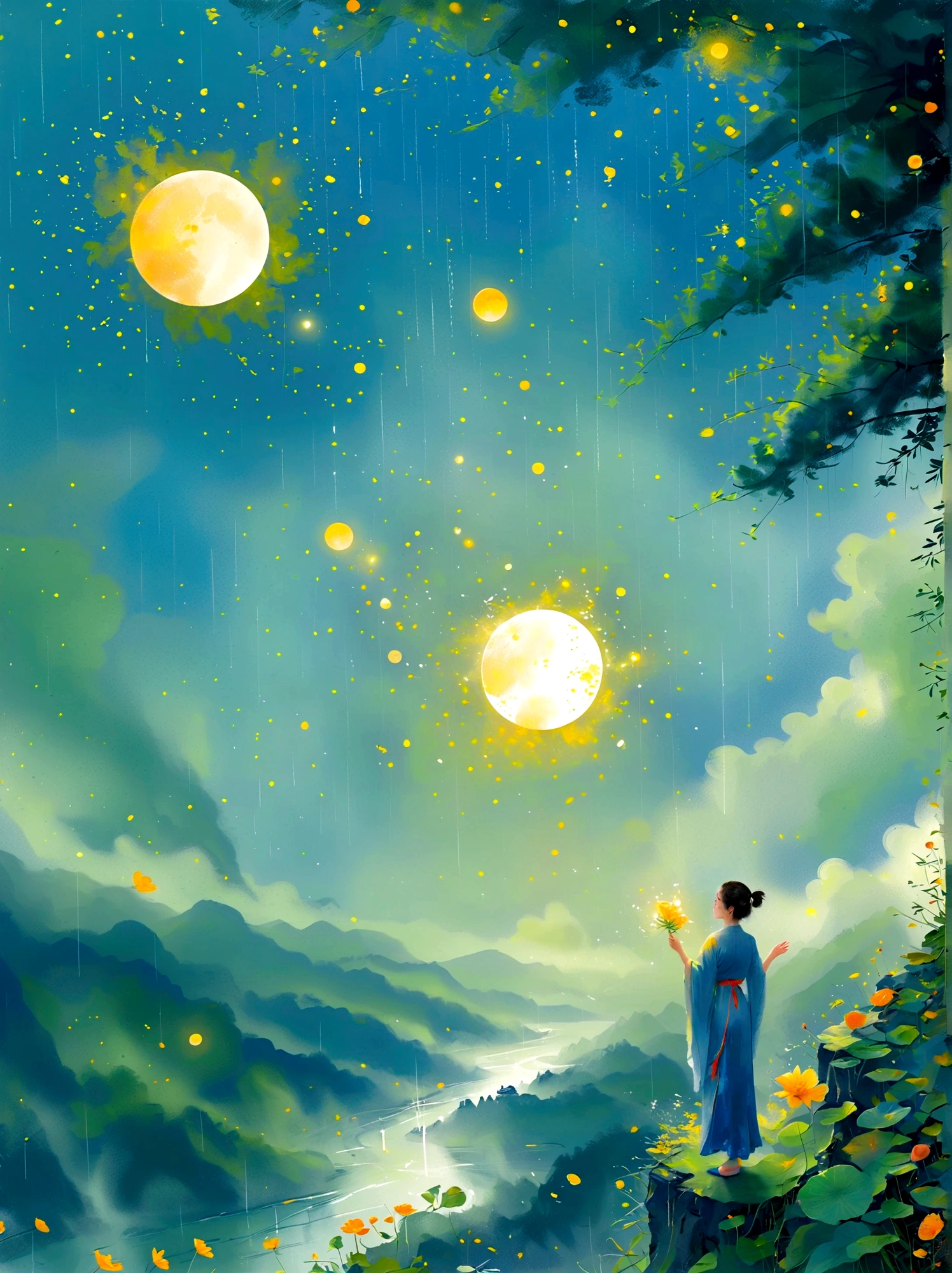 Cai GuoRUN's illustration style, 1girl, A woman in a long skirt stands on a cliff and looks up at the starry sky, Goddess of space, Milky Way Goddess, Goddess of Heaven, Astral Ethereal, dream, Beautiful celestial wizard, Beautiful fantasy painting, Beautiful fantasy art, Ethereal fantasy, Very Beautiful fantasy art, Digital Art Fantasy, enchanting and otherworldly, Fantasy Beauty, The beautiful art of Octane UHD 8k rendering, Volumetric Light, Natural soft light, (Ultra-delicate:1.2, Loss of focus:1.2, Colorful, Movie Lighting, Ray Tracing), Super rich, Ultra Detailed, 1cgrssh1, Chiaroscuro, masterpiece, 8k