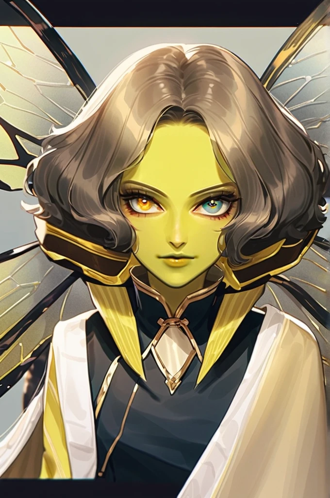((Лучшее качество)), ((шедевр)), (подробный), wasp girl, yellow skin with black stripes, faceted eyes, wasp wings,