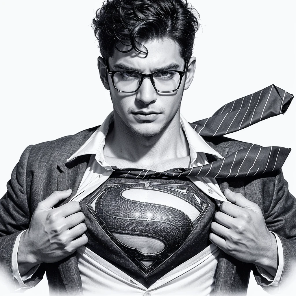 Create a hyperdetailed black and white pencil sketch of a man with short curly hair opening the top portion of a button up dress shirt to reveal a full colored Superman red logo in press body T-shirt chest underneath. He is wearing a necktie and horn rim glasses. His eyes are an incredibly intense very deep sapphire blue.