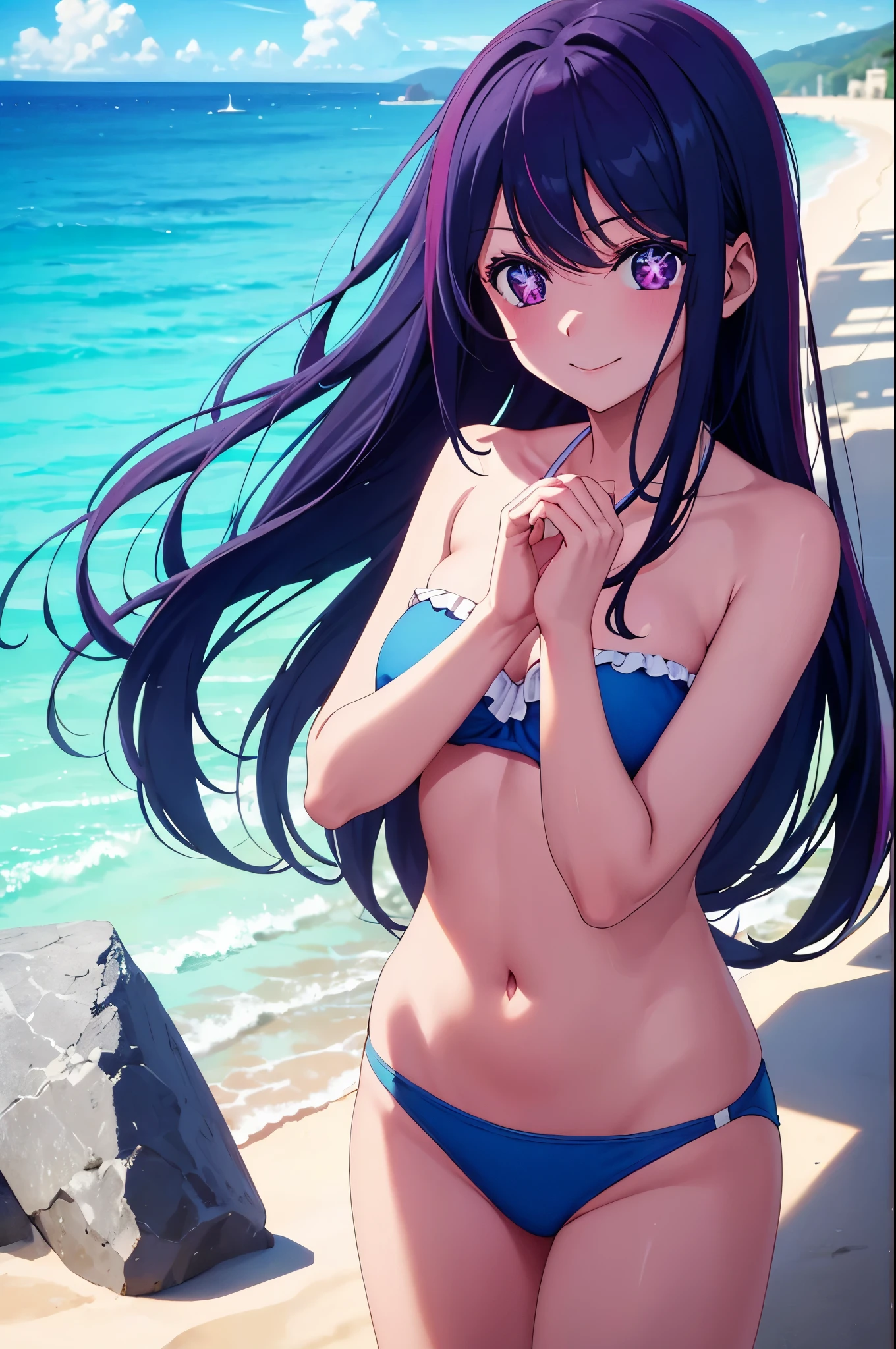 (masterpiece:1.3), (best quality:1.1), (8k, ultra detailed, ultra high res:1.2), (anime style:1.2), (perfect 5 fingers:1.1), perfect anatomy,
1girl,
Ai Hoshino,
BREAK long hair,
black hair,
purple eyes, star-shaped pupils,
BREAK smile, fair skin, bandeau bikini, blue bikini,
BREAK looking at viewer, standing, heart hands,
cowboy shot, natural light, outdoor, outside, sea, beach, sky, summer,
