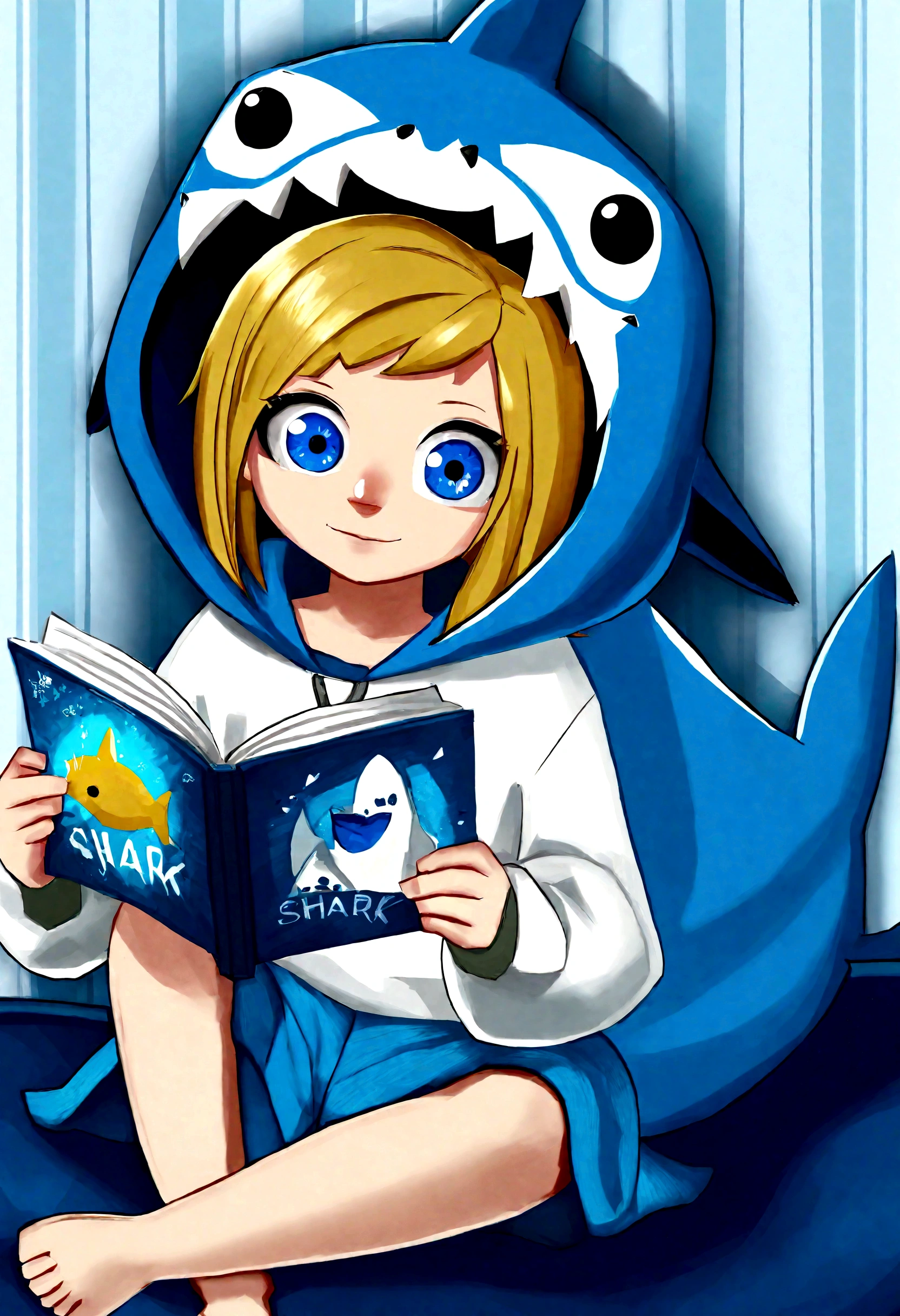 A cute girl (age 10, blonde, big blue eyes) in her shark themed pajamas complete with hoody. Sitting up in bed, reading a shark book by flashlight.