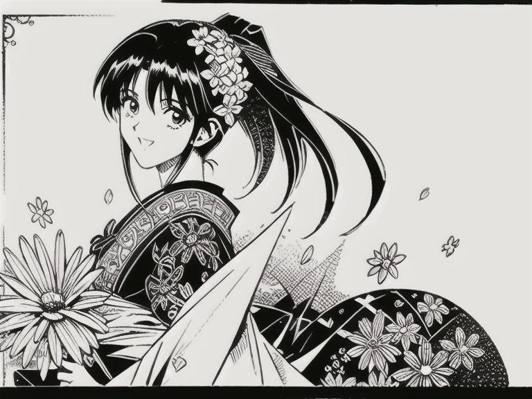 A stunning 17-year-old anime girl, solo and radiant, dons a breathtaking victorian dress, bare shoulder. Her slender body and long legs are showcased as she strikes a shy yet captivating smile. Her beautiful eyes sparkle under the gentle framing of her raven-black locks, hair tien in ponytail which cascade down her face like a waterfall. In high-quality monochromatic tones, her kaorumanga-inspired beauty shines bright against a simple, uncluttered background, drawing full focus on her resplendent figure,(bunch of flowers:1.3), (zentangle:1.2), (geometric:1.2)