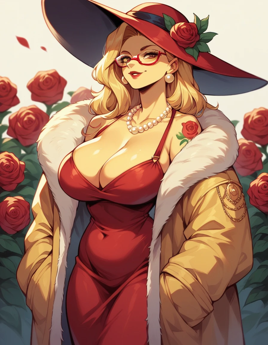 blonde hair woman, milf, several golden pearl necklaces, long necklaces, red glasses, roses tattoos covering the entire body, thin chin, red dress, red big hat, yellow fur coat jacket