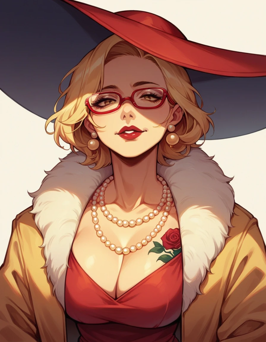 blonde hair woman, milf, several golden pearl necklaces, long necklaces, red glasses, roses tattoos covering the entire body, thin chin, red dress, red big hat, yellow fur coat jacket