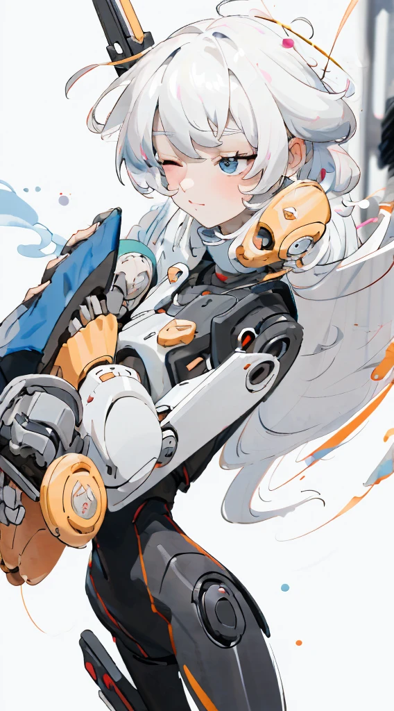 Anime girl, white hair, bangs, eye mask covering eyes and nose, robotic arms, holding eyemask aloft, style fusion of Atey Ghailan and Katsuhiro Otomo, with a blend of soft, pastel colors and dynamic sci-fi elements, digital painting, ultra fine, cinematic