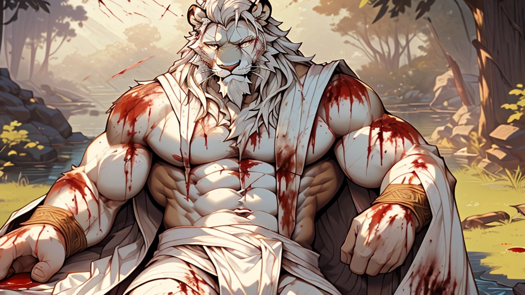 (masterpiece),(highres),(intricate details:1.4),extremely detailed,(illustration:1.2),8k,photorealistic,exquisite,,aged,elder male lion ,muscular,(warrior:1.7),(Ancient Greek mythological style;1.8),(loose white robe:1.6),manhood,safeguard,(white hair:1.3),long hair,long white beard,scar,(badly damaged:1.7),(bloody chest:1.9),(bulging crotch:1.8),(homosexual),(naked upper body:1.7),(a serene face:1.9)