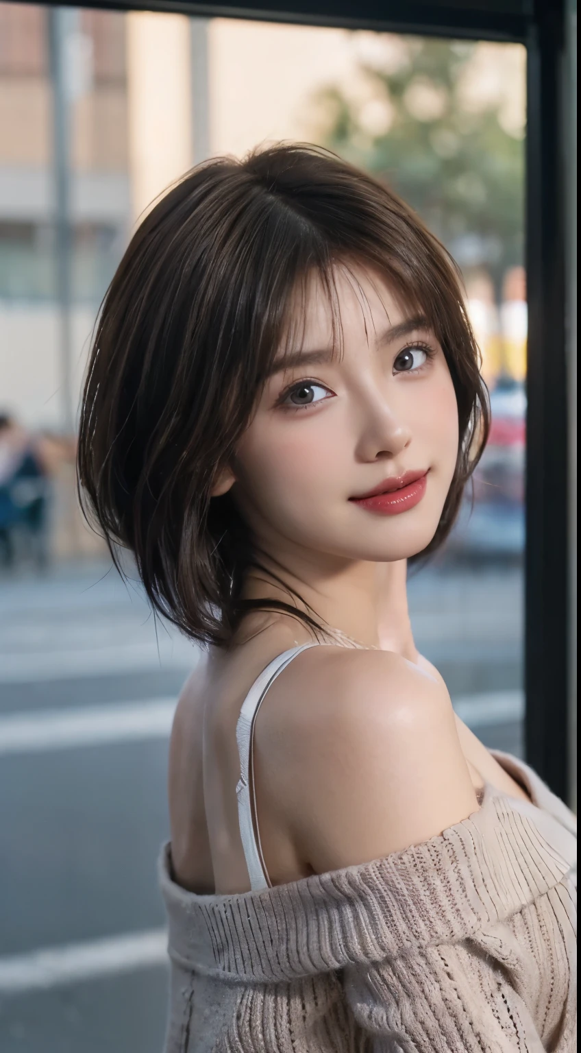 (logo, masterpiece, 8K, Tabletop, RAW Photos, wonderful, 最high quality, Photorealistic and very detailed CG composite 8k wallpaper, high quality, Very detailed, Narrative poem, Particle Effects, Dynamic Effects, Depth of the Boundary, Cinematic Light, Lens flare, Ray Tracing), short hair beautiful young woman, Hair tied back, high detail skin, very fine, fine skin texture, beautiful face, realistic eyes, beautifully detailed eyes, realistic skin, beautiful skin, surreal, smiling eyes, Hair and light eyes, Vibrant, Colorful lights and bokeh. The lighting casts a warm glow on her face and hair, Blue glow, Water surface reflection, Creates a dreamy and magical atmosphere, Big Breasts, Brown Hair, short hair, plump lower lip, pink blush on the cheeks , pink lips, brown tight no-shoulder knit sweater