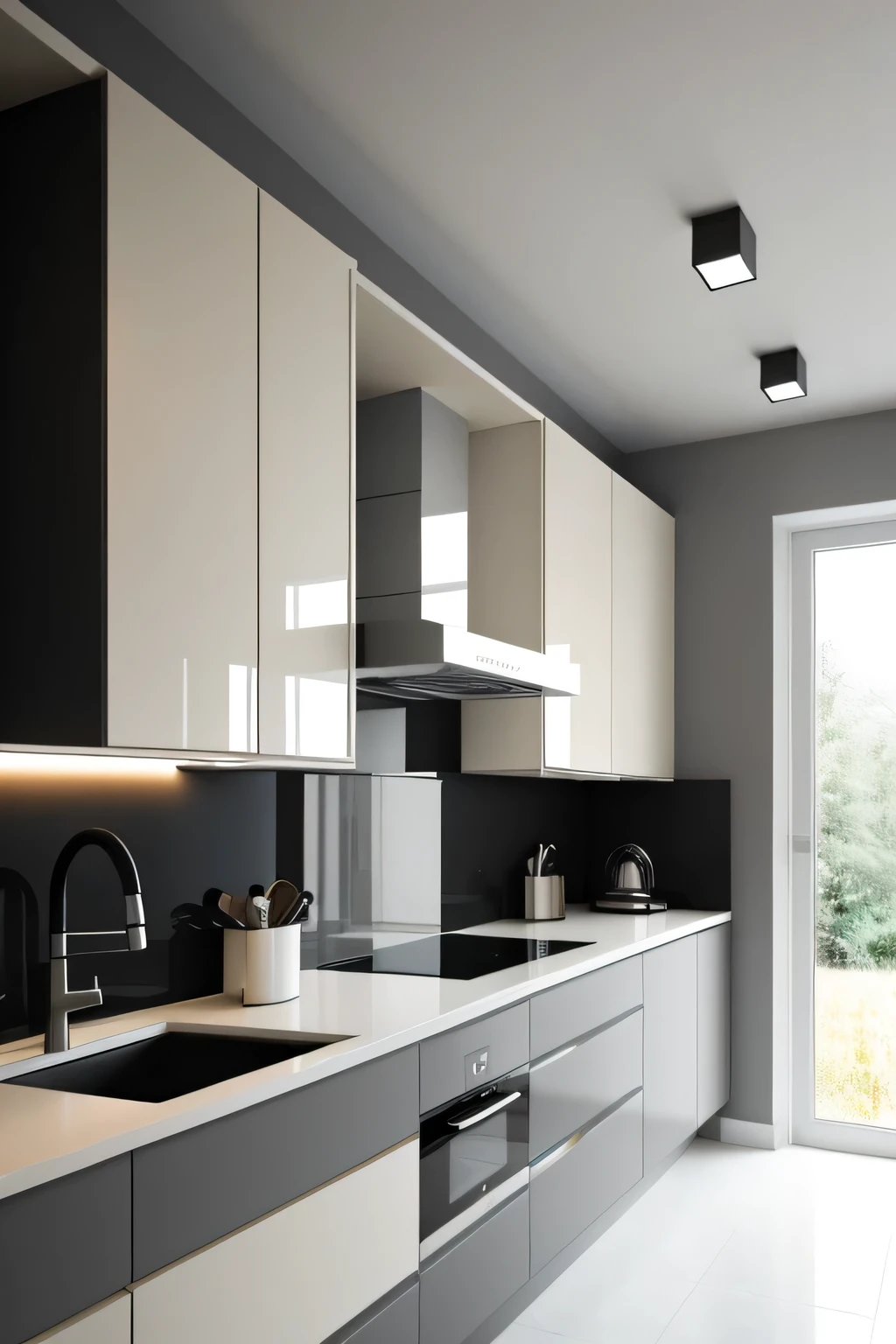 Professional 3d architecture rendering design of modern and minimal kitchen with light mink gray color and thunder gray color and light cream color and black color and light Nescafé color