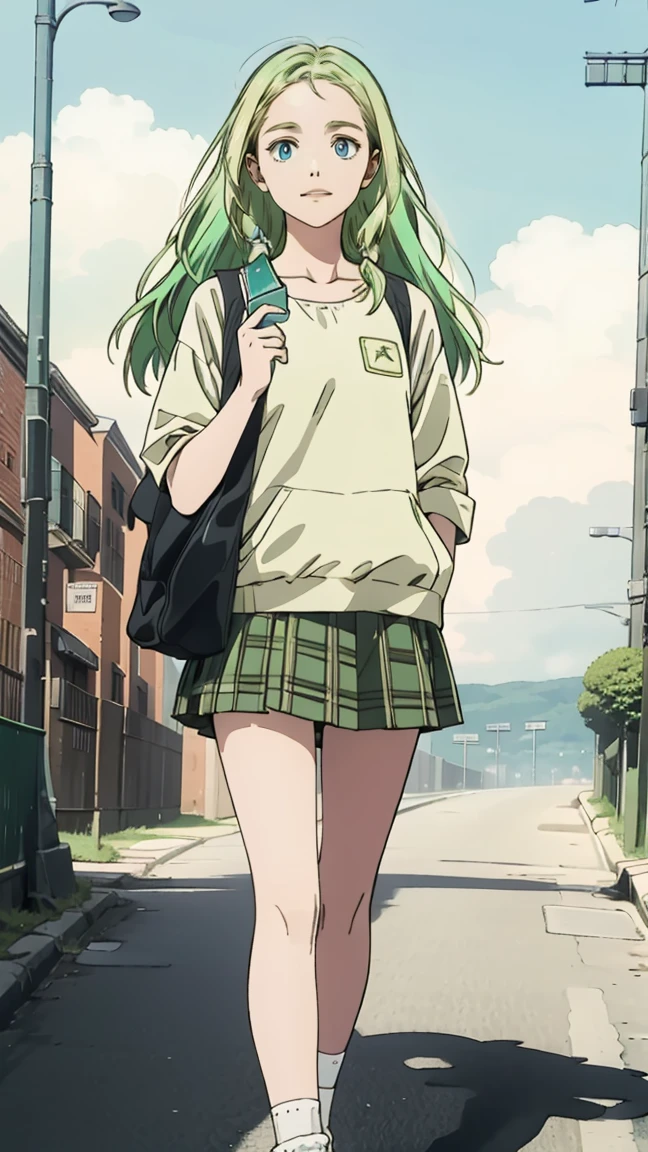 Volume hair, soft hair, emerald green hair and pink inner color, Hair as fluffy as a cloud, wavy hair, gradation hair, green hair, side braids, wavy hair, two side up, cloud hair, emerald green eyes, high school girl, Cheerful and active, blonde clip, loose socks, plaid skirt, holding smartphone, on the street, (best) quality, 4K, 8K, high resolution, masterpiece: 1.2), ultra-definition, bright colors, soft lighting
