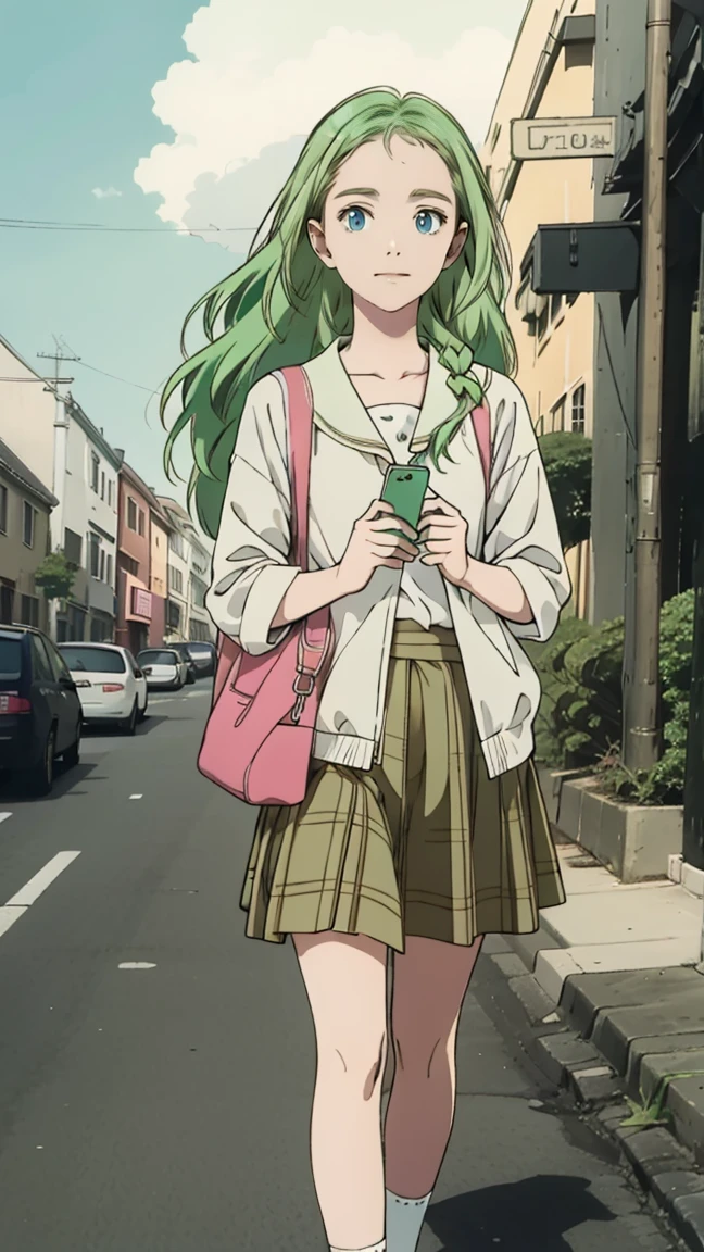 Volume hair, soft hair, emerald green hair and pink inner color, Hair as fluffy as a cloud, wavy hair, gradation hair, green hair, side braids, wavy hair, two side up, cloud hair, emerald green eyes, high school girl, Cheerful and active, blonde clip, loose socks, plaid skirt, holding smartphone, on the street, (best) quality, 4K, 8K, high resolution, masterpiece: 1.2), ultra-definition, bright colors, soft lighting
