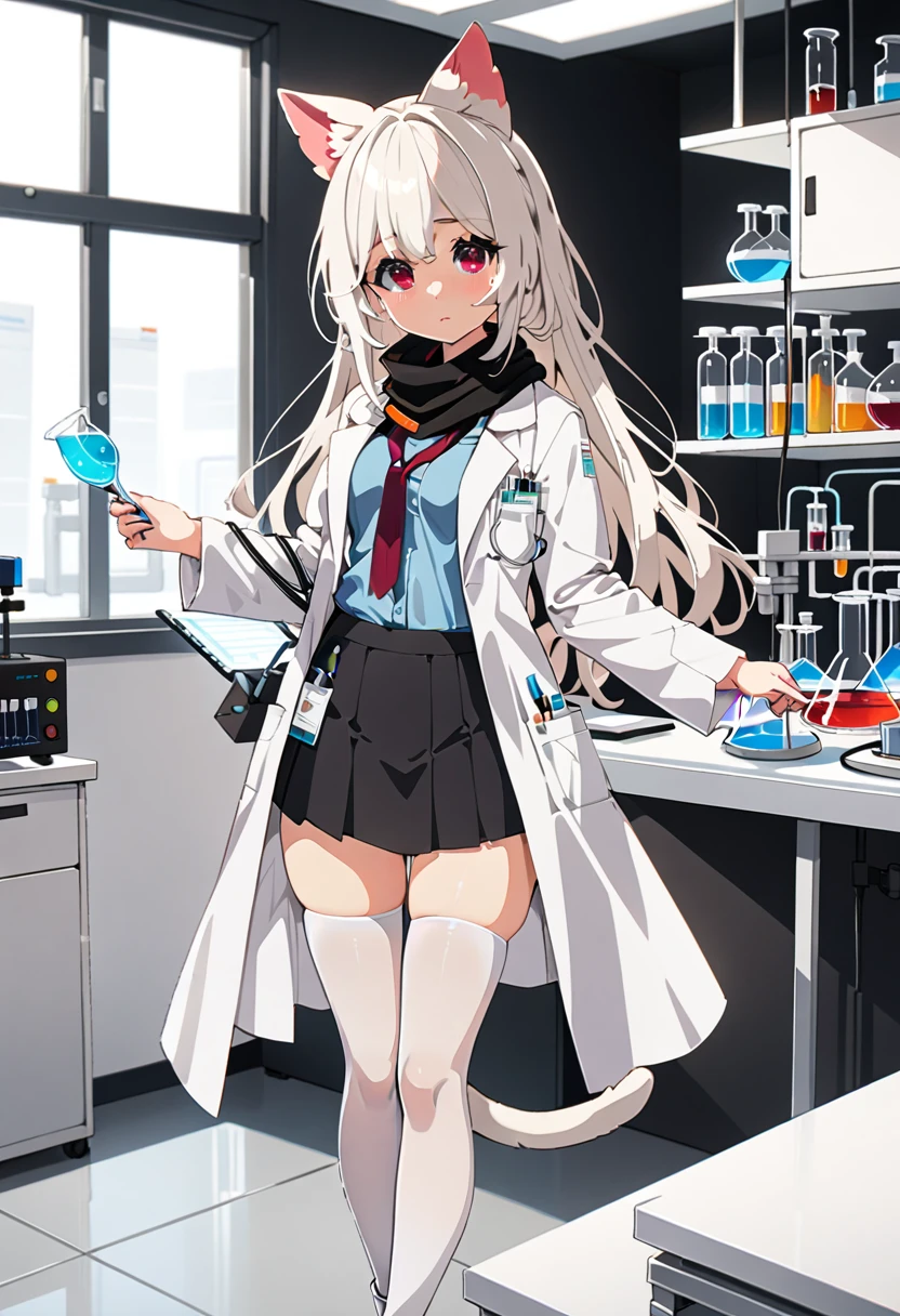 masterpiece, highest quality, highest resolution, clear_image, detailed details, White hair, long hair, cat ears, 1 girl, red eyes, white lab coat (with a black short skirt), white pantyhose, white scarf (around the neck), cute, full body, no water marks, laboratory, no extra limps, no extra body, NSFW