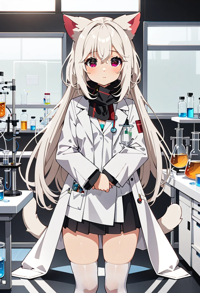 masterpiece, highest quality, highest resolution, clear_image, detailed details, White hair, long hair, cat ears, 1 girl, red eyes, white lab coat (with a black short skirt), white pantyhose, white scarf (around the neck), cute, full body, no water marks, laboratory, no extra limps, no extra body, NSFW