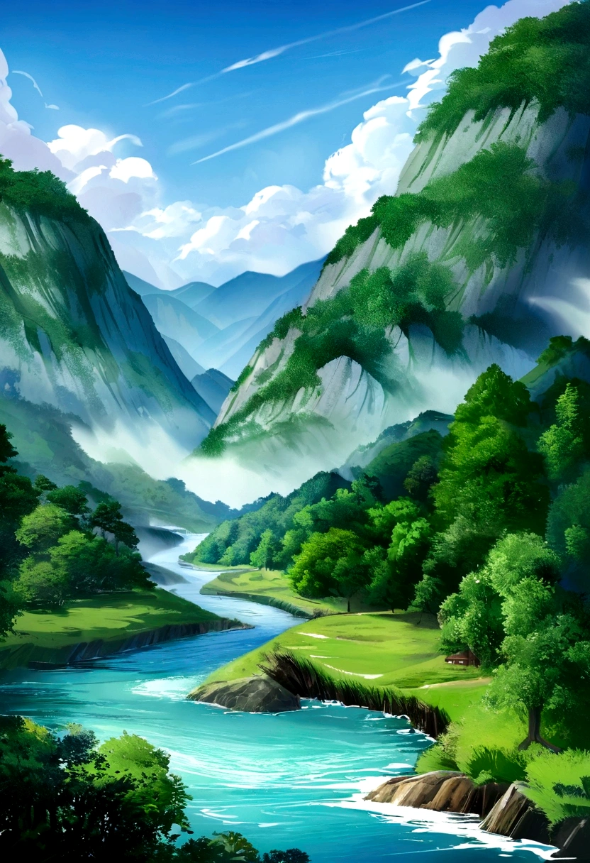 pintura de um Rio que atravessa um vale verde exuberante com montanhas ao fundo, Flowing Hills, 8k分辨率Digital Painting, 8k分辨率Digital Painting, 4kDigital Painting, 4kDigital Painting, Digital Painting detalhada, Low Detail. Digital Painting, 高细节Digital Painting, Tranquil scenery, Rio, Trees and hills, 4K detailed painting, Digital 4K