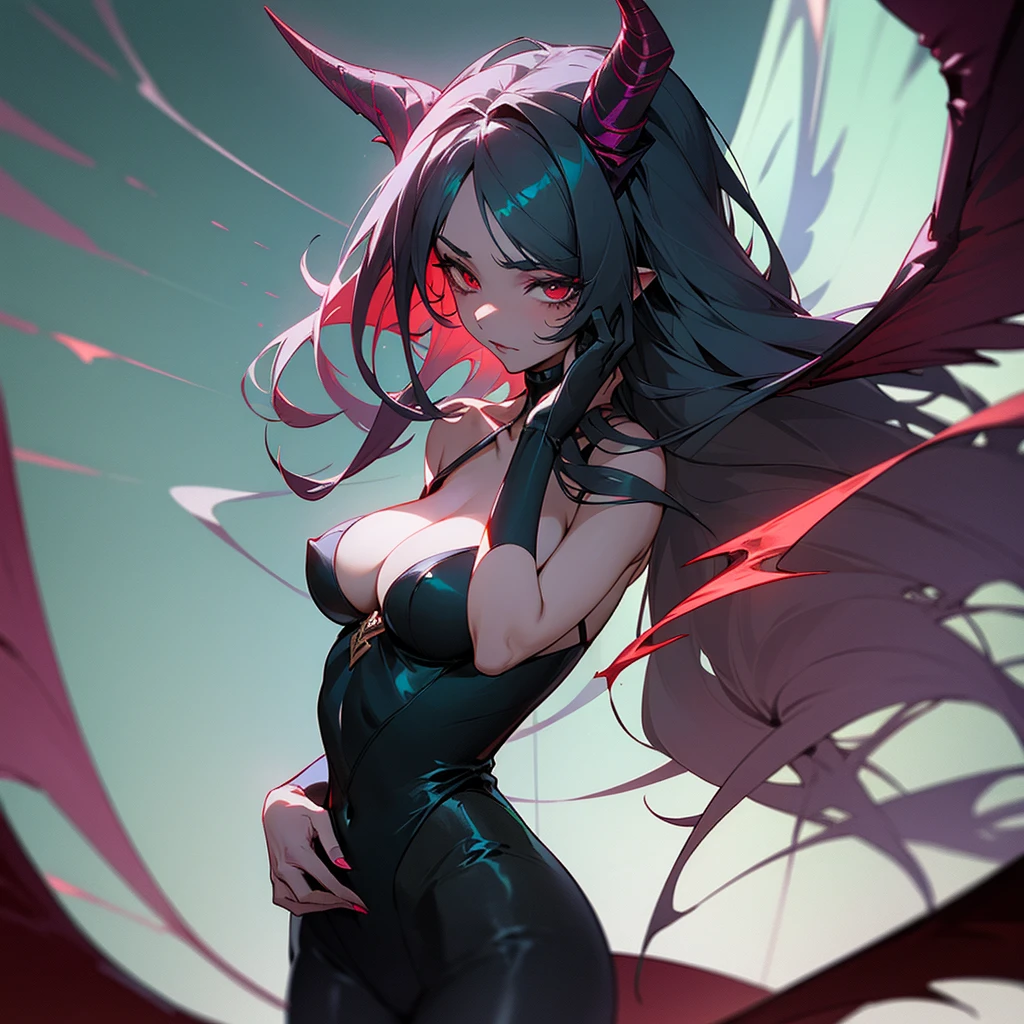 a female character, very beautiful, with a slender body, wearing a black suit, sexy neckline, dark skin, dark and long curly hair with red highlights, her face with very heavy makeup, her face of an innocent person, with a look penetrating and enigmatic, its eyes are a deep turquoise green color, its appearance is that of a succubus, horns and wings of a succubi