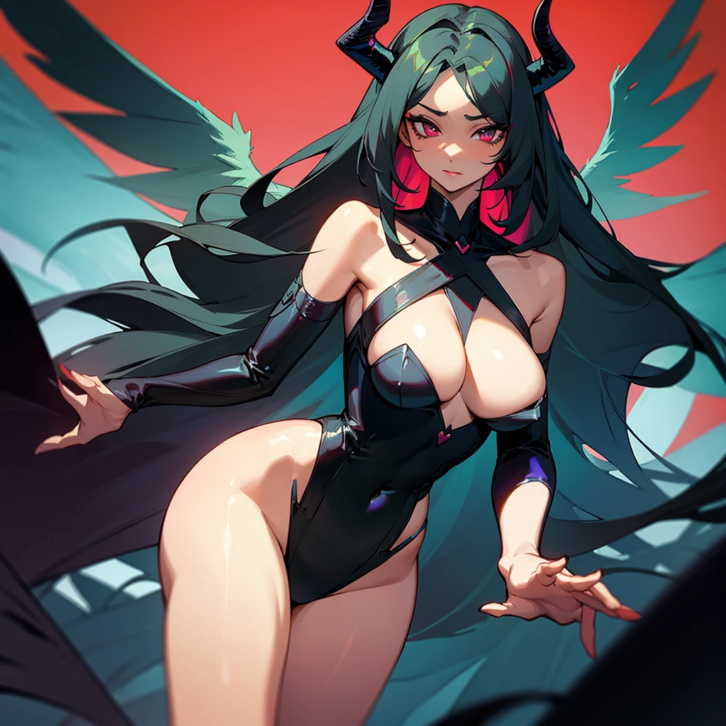a female character, very beautiful, with a slender body, wearing a black suit, sexy neckline, dark skin, dark and long curly hair with red highlights, her face with very heavy makeup, her face of an innocent person, with a look penetrating and enigmatic, its eyes are a deep turquoise green color, its appearance is that of a succubus, horns and wings of a succubi