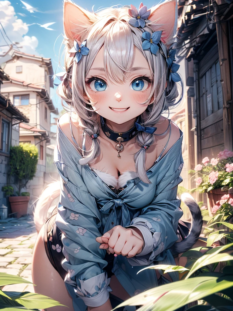 absurderes, ultra-detailliert,bright colour,(8K:1.5),masuter piece,Bright scenery、For that, the blue sky、extremely beautiful detailed face and eyes,(Cat personification:1.4)、(Deep Blue Eyes:1.4) Valley、Pink skin、Summer morning、A back alley with lots of flowers blooming、(Cat Pose),(Too cute smile:1.3)、double tooth,