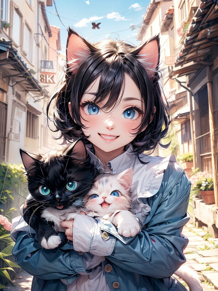 absurderes, ultra-detailliert,bright colour,(8K:1.5),masuter piece,Bright scenery、For that, the blue sky、extremely beautiful detailed face and eyes,(Cat personification:1.4)、(Deep Blue Eyes:1.4) Valley、Pink skin、Summer morning、A back alley with lots of flowers blooming、(Cat Pose),(Too cute smile:1.3)、double tooth,