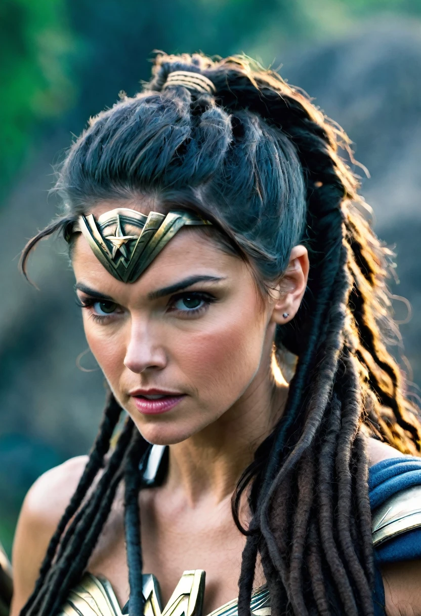 (((Extreme close-up of a beautiful mature woman Marie Avgeropoulos long black hair ((dreadlocks))),(((Diameter))),(((Hair gathered in a ponytail and abundant )))under the mantle of the Amazon warrior Wonder Woman images Surreal cinematographic HD images Color Splash))),(((Diameter))),(((Diameter Wonder Woman)),(((Front Images))),(((dreadlocks)))