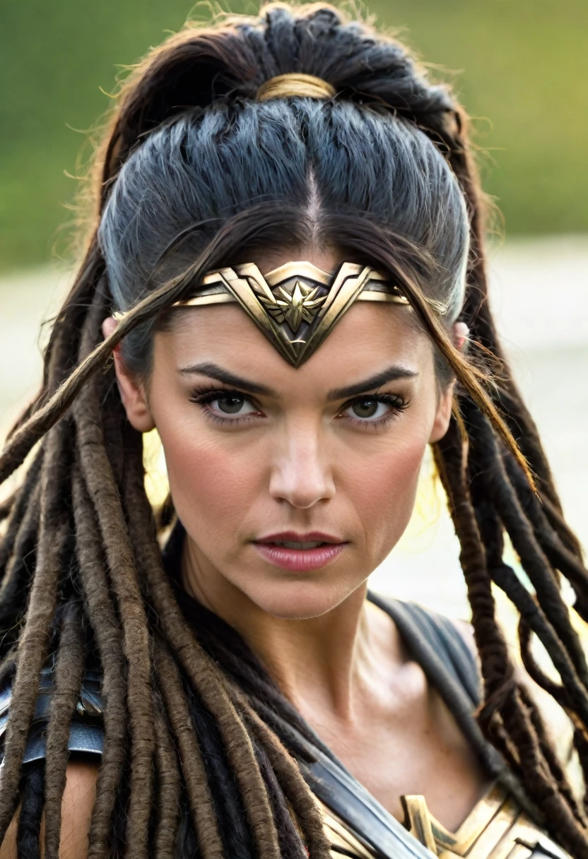 (((Extreme close-up of a beautiful woman Marie Avgeropoulos long black hair ((dreadlocks))),(((Diameter))),(((Hair gathered in a ponytail and abundant )))under the mantle of the Amazon warrior Wonder Woman images Surreal cinematographic HD images Color Splash))),(((Diameter))),(((Diameter Wonder Woman)),(((Front Images))),(((dreadlocks)))