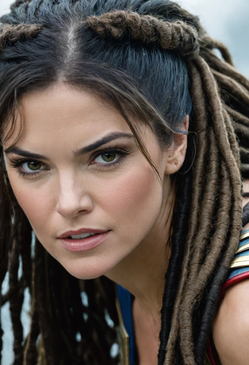 (((Extreme close-up of a beautiful mature woman Marie Avgeropoulos long black hair ((dreadlocks))),(((Diameter))),(((Hair gathered in a ponytail and abundant )))under the mantle of the Amazon warrior Wonder Woman images Surreal cinematographic HD images Color Splash))),(((Diameter))),(((Diameter Wonder Woman)),(((Front Images))),(((dreadlocks)))