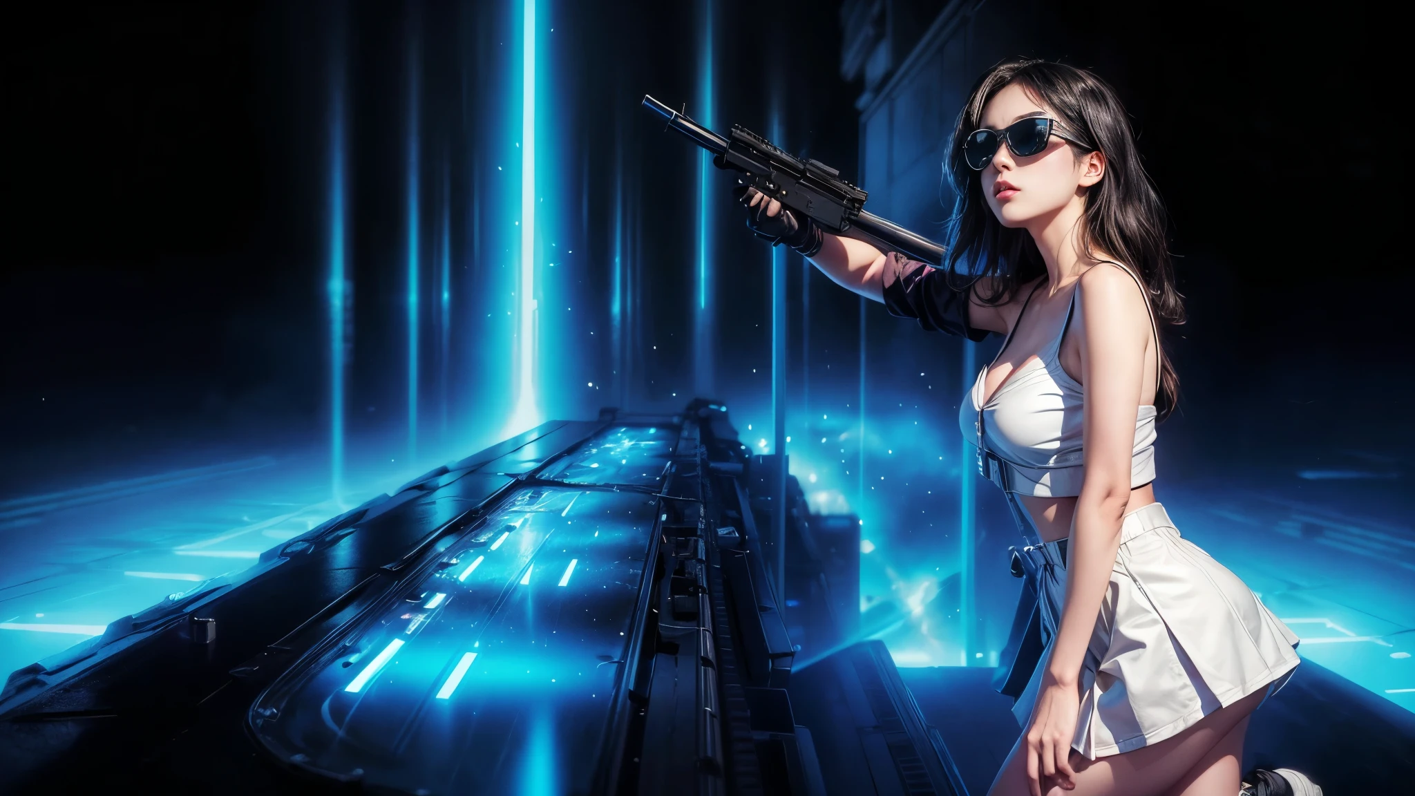 8k, Realistic Skin Texture, Realistic Photo, Neo Tokyo, slim women, large-:1.3 cleavaAD2050 at night, Dirty hunting jacket, Wearing tube top, miniskirt, (((black sunglasses, automatic rifle, sneakers, cold, shooting pose, very low angle view))), Innovative composition, revenge, cyberpunk, blade runner worldview, Large neon sign, Geisha hologram sign, Strong Wakamoto Sign.