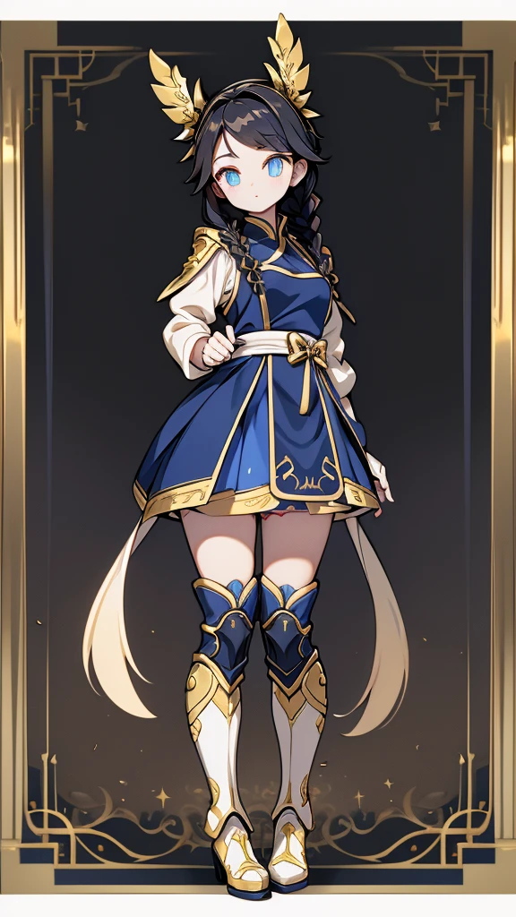 braid,单条braid,Dress,蓝色Dress,Blue skirt,Black Hair,Black Hair,Golden Eyes,Golden pupils,Lace decoration,White knee socks,White garter stockings,Boots,黑色Boots