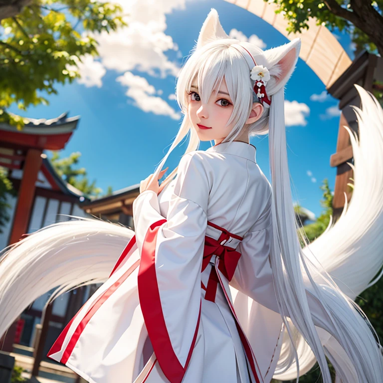 white hair，Double tail，white pantyhose，Big ，shrine maiden costume，cute，Perfect body，loli，Nine-Tailed Fox，Put your hands behind your back
