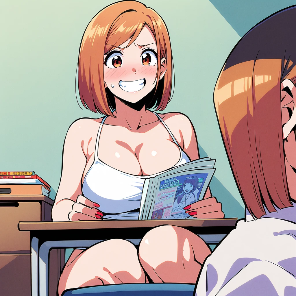 nobara kugisaki, ,white heels,sexy,sitting at desk,watching at pornocomix ,front view, large breasts, smile,red nails,sexy detailed face,smiling,teeth,sidd view,looking at pornocomix,reading pornocomix,blush on face,excited