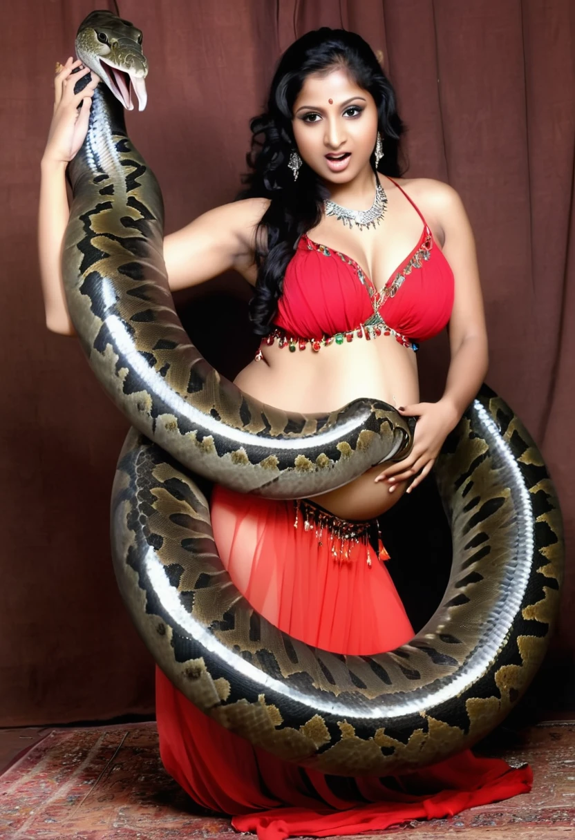 Pregnant Happy Horny, aroused 1girl), beautiful  Indian   belly dancer  with  giant colossal Kaa monster squeezing her hard, wrapped in thick spiraling coils, constricted, struggle, gasping for air, snake attack, snake peril,