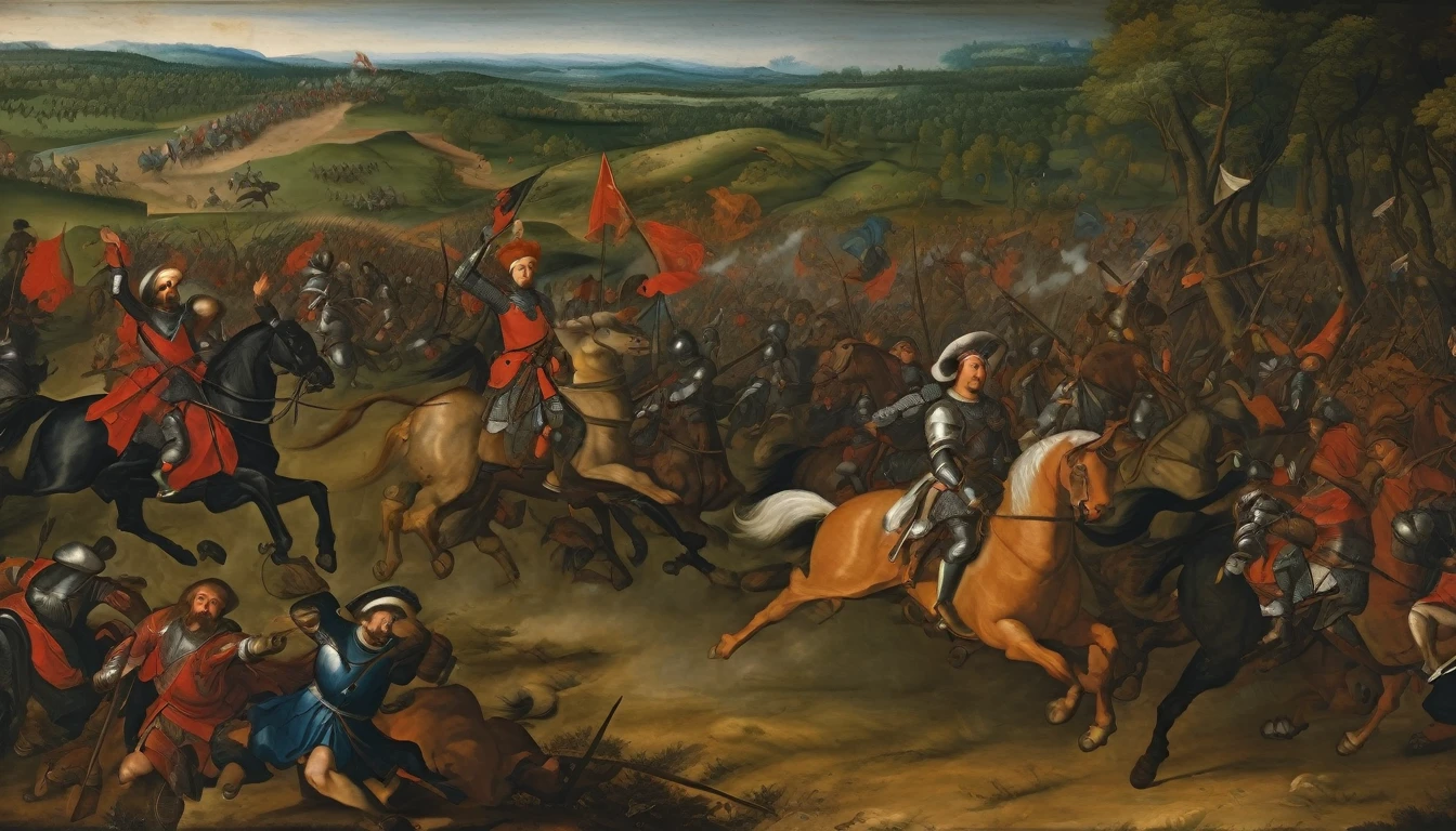 Oil painting, 16th century, battlefield, fleeing army