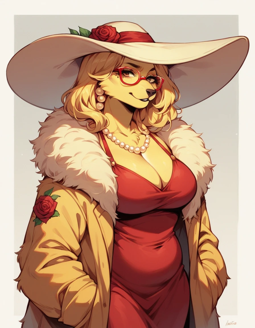 blonde hair woman, milf, several golden pearl necklaces, long necklaces, red glasses, roses tattoos covering the entire body, thin chin, red dress, red big hat, yellow fur coat jacket, friendly