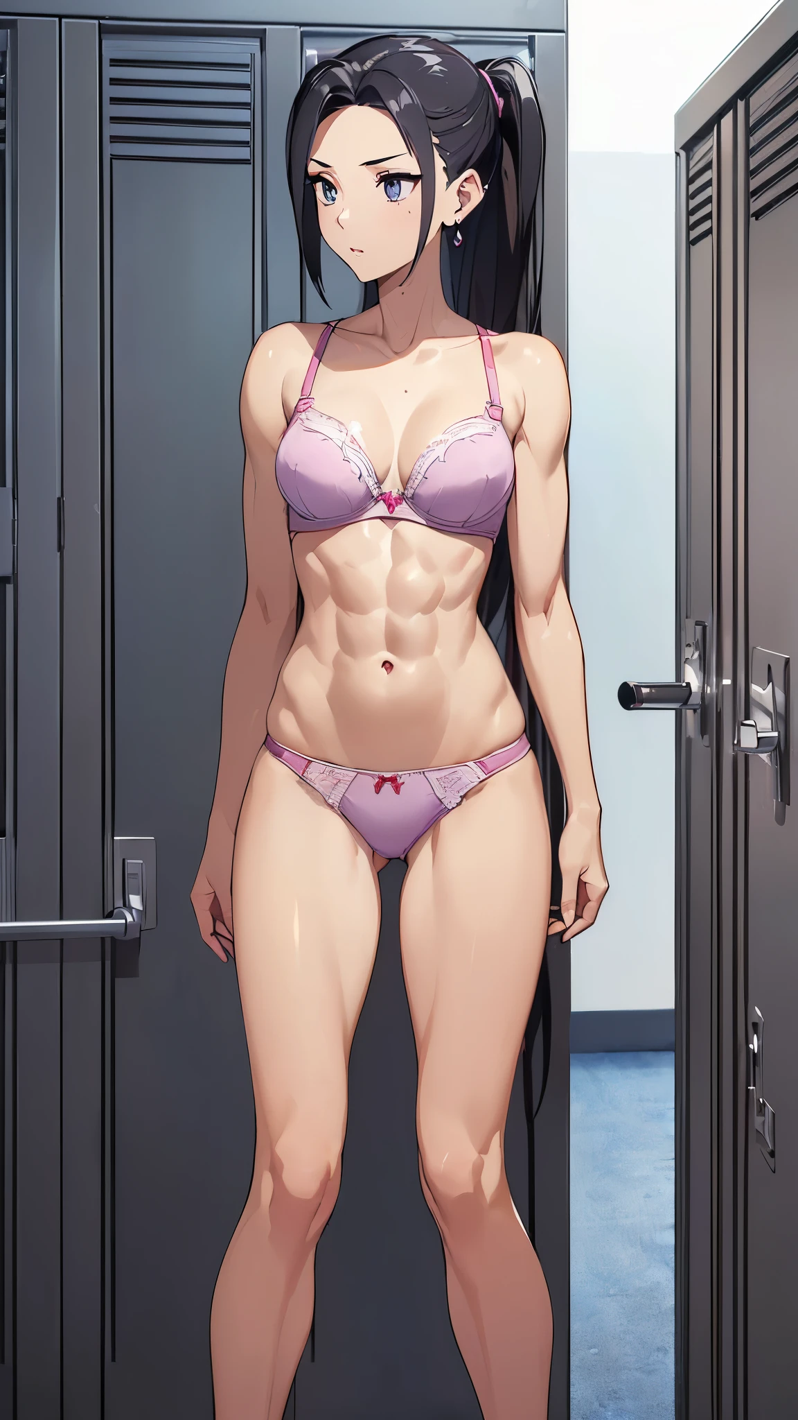 ((8K resolution))、((Highest quality))、((masterpiece))、((Very detailed))((((dramatic))), (Anatomically correct)、The depth of the object to write、spycam、(high school girl、Fair skin、Earrings、bra、Panties、A slim but muscular body, Toned arms, Long, slender legs, Medium breast、Athletic Presence)、(Hairstyle: Side undercut)、locker room