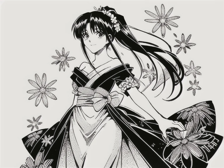 A stunning 17-year-old anime girl, solo and radiant, dons a breathtaking victorian dress, bare shoulder. Her slender body and long legs are showcased as she strikes a shy yet captivating smile. Her beautiful eyes sparkle under the gentle framing of her raven-black locks, hair tien in ponytail which cascade down her face like a waterfall. In high-quality monochromatic tones, her kaorumanga-inspired beauty shines bright against a simple, uncluttered background, drawing full focus on her resplendent figure,(bunch of flowers:1.3), (zentangle:1.2), (geometric:1.2)