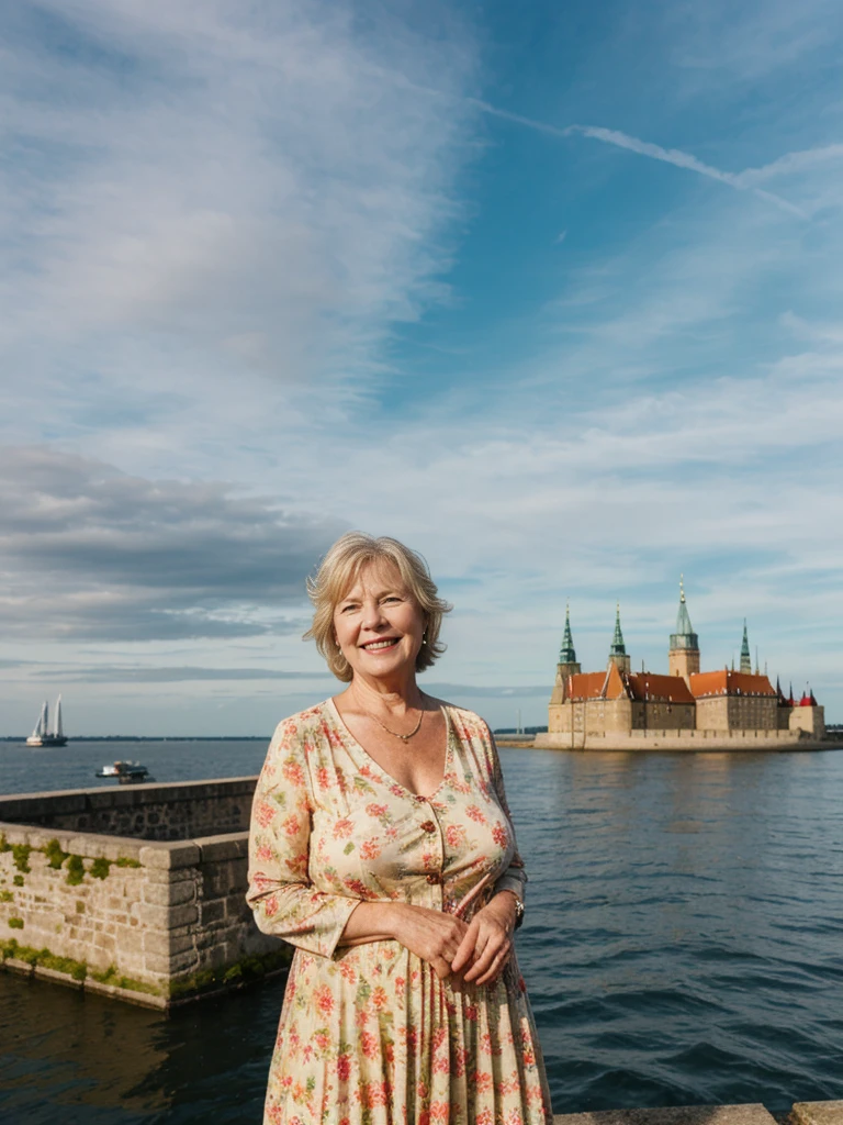 Ellen Burstyn, her name is Lieke, high quality, 1 OLD WOMAN, ((50-year-old plump dutch woman)), ((55 years old)), (((wrinkled body))), ((((old body)))), milf, ((short hair)), (((no make up))), (pale skin),(large breasts), ((wide hips)), ((thick legs)), POSE: STANDING, ((she is wearing MODEST CLASSY stylish Generation X wear COLORFUL)), cheerful, happy, BACKGROUND: outdoor: Kronborg Castle, Helsingør: A grand castle with imposing turrets and walls, overlooking the Øresund Strait. Ships sailing in the background and a dramatic sky could enhance the scene.
