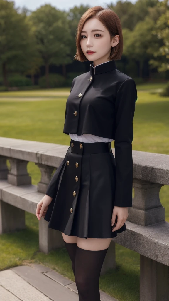 (masterpiece, Highest quality, Very delicate, beautiful, High resolution, original), 8K、Anabara, short hair, (Black jacket:1.2), button, Long sleeve, Black long skirt, High Waist Skirt, Black Pantyhose 80 , Park Background, Expressionless,