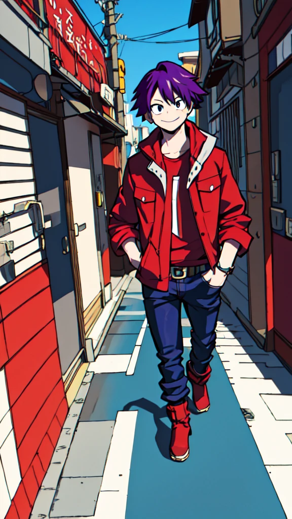 purple pompadour, red jacket and jeans, looking at camera, smiling, Tokyo city,Pocket Hand