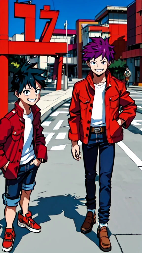 purple pompadour, red jacket and jeans, looking at camera, smiling, Tokyo city,Pocket Hand