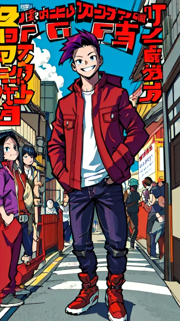 purple pompadour, red jacket and jeans, looking at camera, smiling, Tokyo city,Pocket Hand