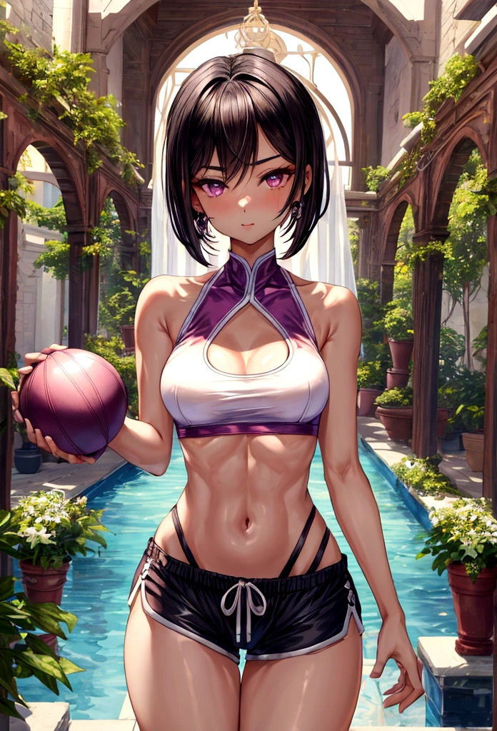 (sleeveless halter neck crop top, knee length waist band gym shorts ),gorgeous, masterpiece, best quality, high-resolution, finely detailed, extremely detailed and beautiful, distinct-image, 1 girl, , solo, sharp facial features, oval shaped face. cherry pink lips, lightly tanned white skin. velvet-colored eyes, C-cup breasts, tall height(175cm), slim yet chiseled body type, short shoulder length dark violet-black hair, small narrow waist, long and slender legs, curvy wide hips, elegant training courtyard setting