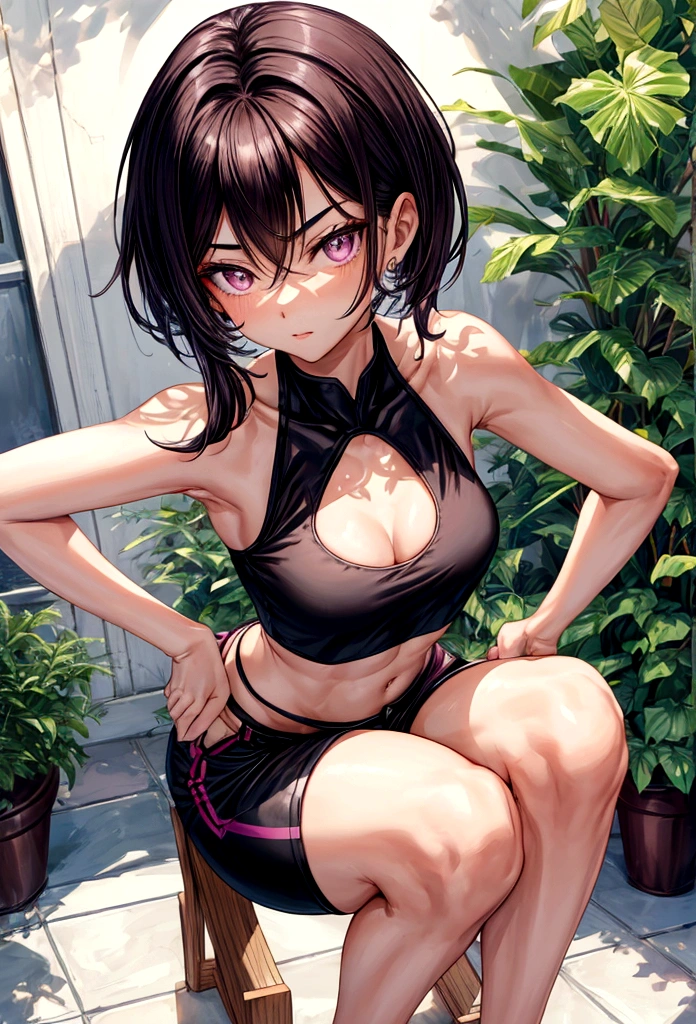 (sleeveless halter neck crop top, knee length waist band gym shorts ),gorgeous, masterpiece, best quality, high-resolution, finely detailed, extremely detailed and beautiful, distinct-image, 1 girl, 16 year old ager, solo, sharp facial features, oval shaped face. cherry pink lips, lightly tanned white skin. velvet-colored eyes, C-cup breasts, tall height(175cm), slim yet chiseled body type, short shoulder length dark violet-black hair, small narrow waist, long and slender legs, curvy wide hips, elegant training courtyard setting