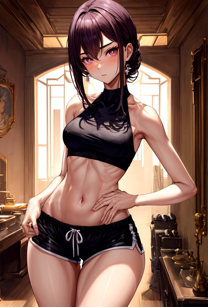 (sleeveless halter neck crop top, knee length waist band gym shorts ),gorgeous, masterpiece, best quality, high-resolution, finely detailed, extremely detailed and beautiful, distinct-image, 1 girl, 16 year old ager, solo, sharp facial features, oval shaped face. cherry pink lips, lightly tanned white skin. velvet-colored eyes, C-cup breasts, tall height(175cm), slim yet chiseled body type, short shoulder length dark violet-black hair, small narrow waist, long and slender legs, curvy wide hips, elegant training courtyard setting