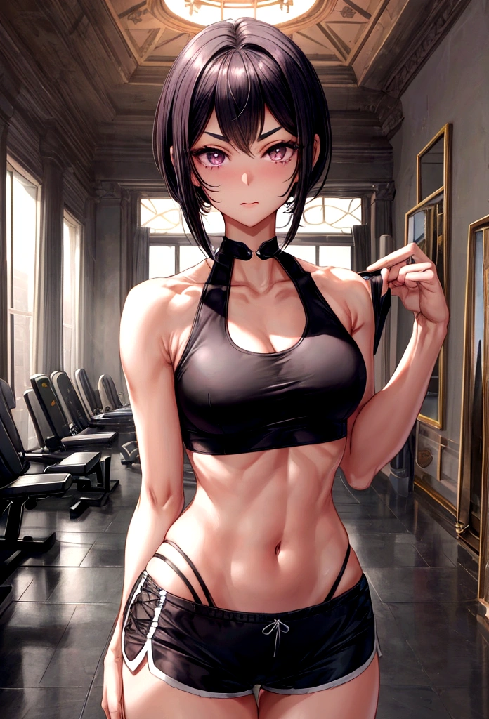 (sleeveless halter neck crop top, knee length waist band gym shorts ),gorgeous, masterpiece, best quality, high-resolution, finely detailed, extremely detailed and beautiful, distinct-image, 1 girl, , solo, sharp facial features, oval shaped face. cherry pink lips, lightly tanned white skin. velvet-colored eyes, C-cup breasts, tall height(175cm), slim yet chiseled body type, short shoulder length dark violet-black hair, small narrow waist, long and slender legs, curvy wide hips, elegant training courtyard setting