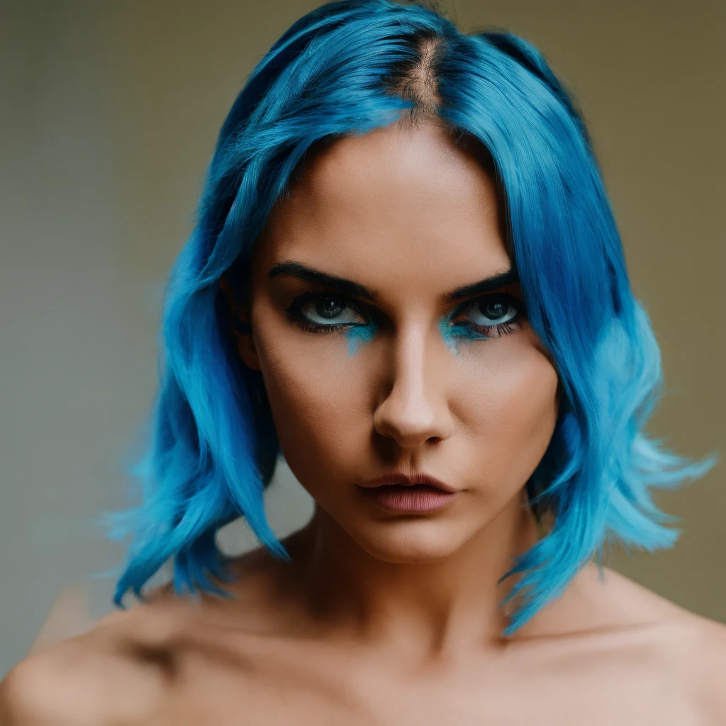 A realistic woman with blue hair