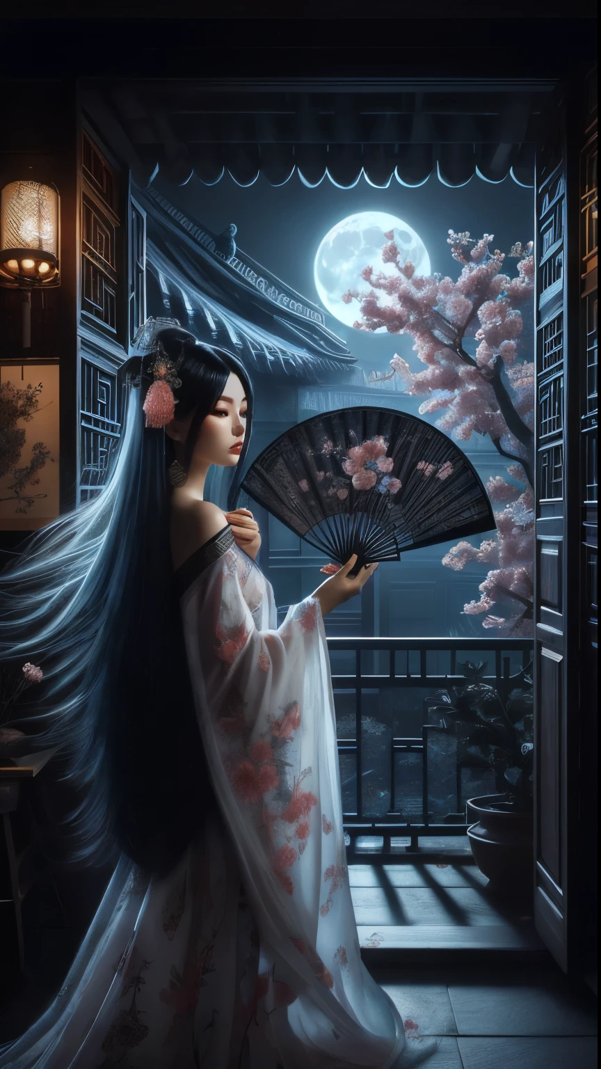 An ultra beautiful Asian woman long blue-black hair, holding a very ultra ornate long black ancient liquored Asian fighting fan, wearing a long white cherry blossom Chinese womans dressing gown, in a darkened room of moonlight streak in through the opened