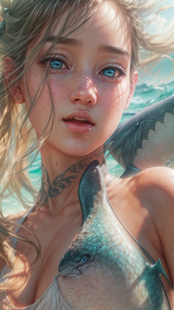 (((girl face and shark body))), full body, shark tail,jumping over a yacht,beautiful detailed eyes,beautiful detailed lips,extremely detailed face and eyes,long eyelashes,underwater scene,sunlight rays,detailed water splash,cinematic lighting,vibrant colors,dramatic composition,epic fantasy,8k,best quality,high resolution,masterpiece